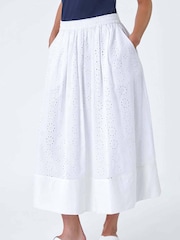 Roman White 100% Cotton Broderie Midi Skirt - Image 4 of 5