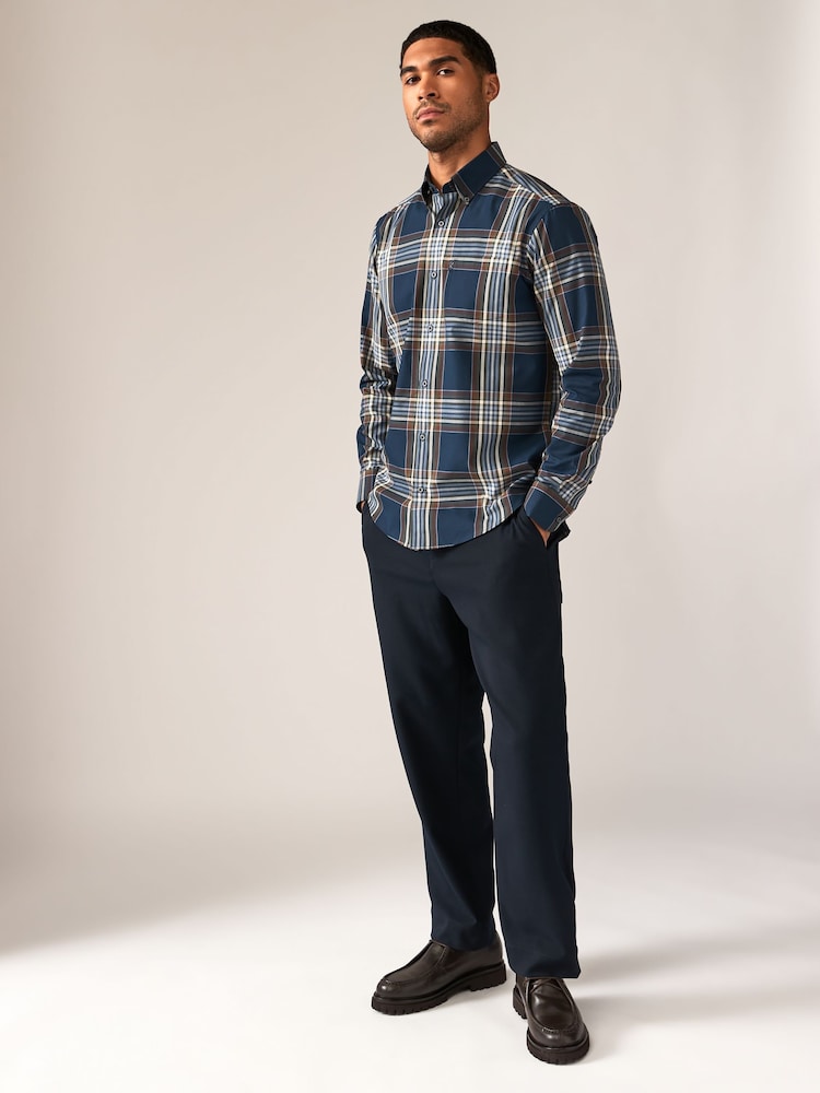 Navy Blue Madras Check Regular Fit Easy Iron Button Down Oxford Shirt - Image 2 of 8