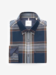 Navy Blue Madras Check Regular Fit Easy Iron Button Down Oxford Shirt - Image 6 of 8