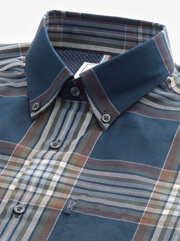 Navy Blue Madras Check Regular Fit Easy Iron Button Down Oxford Shirt - Image 8 of 8