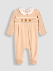 JoJo Maman Bébé Grey Bear Smocked Velour All-In-One - Image 1 of 3