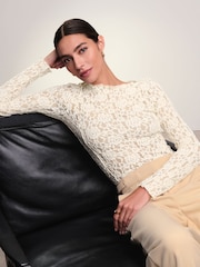 Ecru Slash Neck Long Sleeve Lace Top - Image 1 of 5