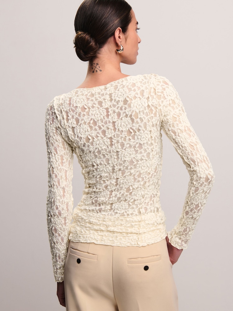 Ecru Slash Neck Long Sleeve Lace Top - Image 2 of 5