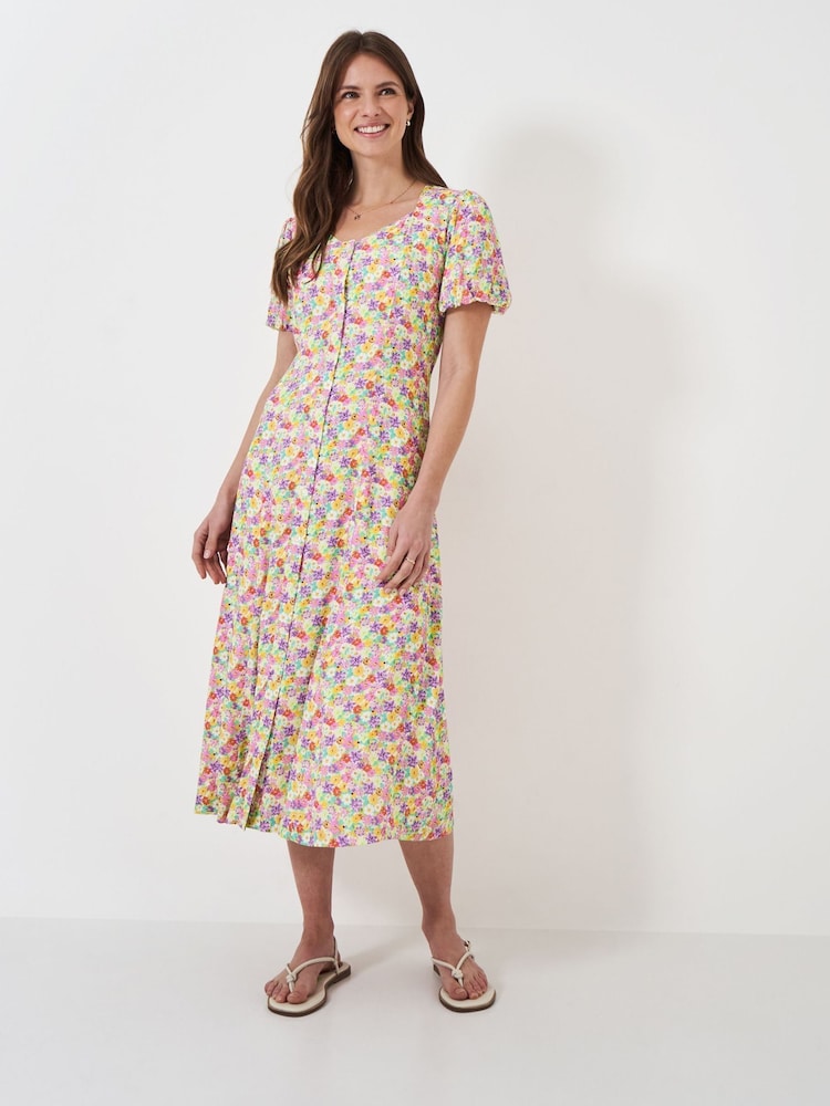 Crew Clothing Pink Puff Sleeve Button Through Dress - Image 1 of 5