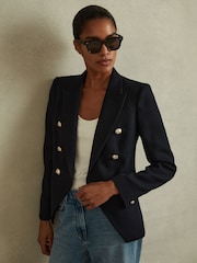 Reiss Navy Tally Petite Tailored Fit Textured Double Breasted Blazer - Image 1 of 7