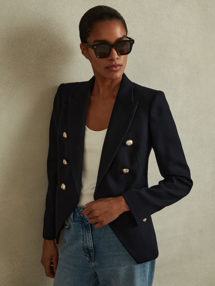 Reiss Navy Tally Petite Tailored Fit Textured Double Breasted Blazer - Image 1 of 7