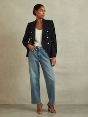 Reiss Navy Tally Petite Tailored Fit Textured Double Breasted Blazer - Image 3 of 7