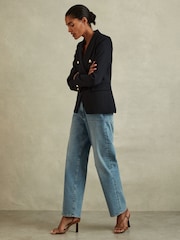 Reiss Navy Tally Petite Tailored Fit Textured Double Breasted Blazer - Image 4 of 7