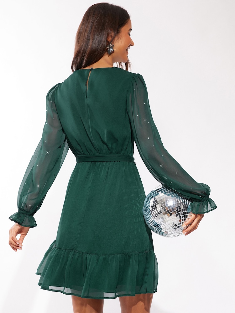 Friends Like These Green Diamonte Detail Chiffon Mini Dress - Image 4 of 4 Friends Like These Green Diamonte Detail Chiffon Mini Dress - Image 4 of 4
