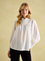 Joules Mariella Cream Cotton Frill Neck Blouse - Image 1 of 6