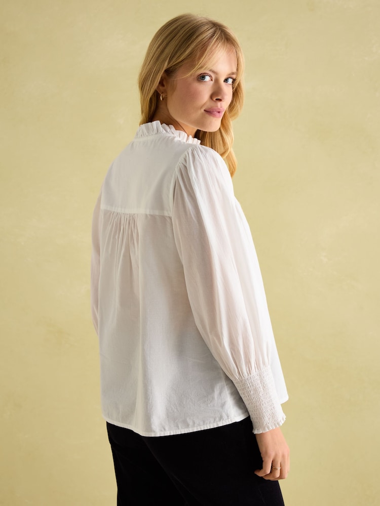 Joules Mariella Cream Cotton Frill Neck Blouse - Image 2 of 6