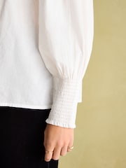 Joules Mariella Cream Cotton Frill Neck Blouse - Image 5 of 6