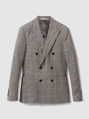 Reiss Light Taupe Burgess Linen Double Breasted Check Blazer - Image 2 of 7
