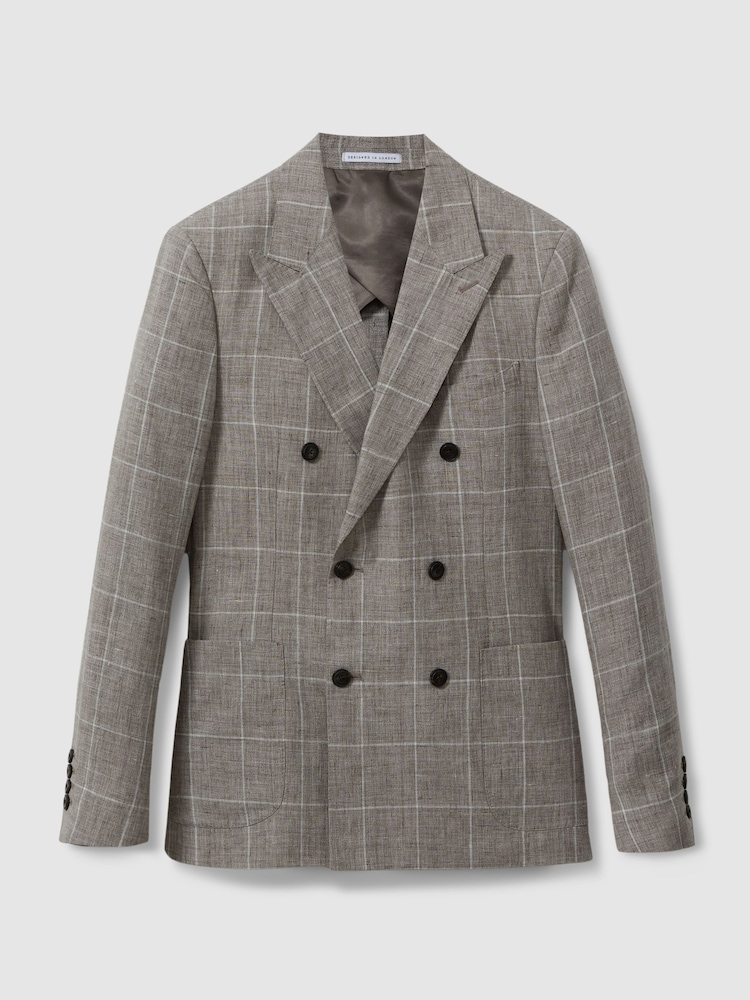 Reiss Light Taupe Burgess Linen Double Breasted Check Blazer - Image 2 of 7
