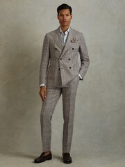 Reiss Light Taupe Burgess Linen Double Breasted Check Blazer - Image 3 of 7