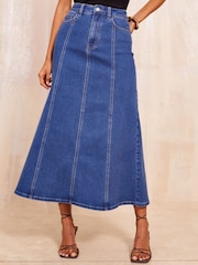 Friends Like These Dark Blue Seam Detail Flared Denim Skirt - Image 1 of 4