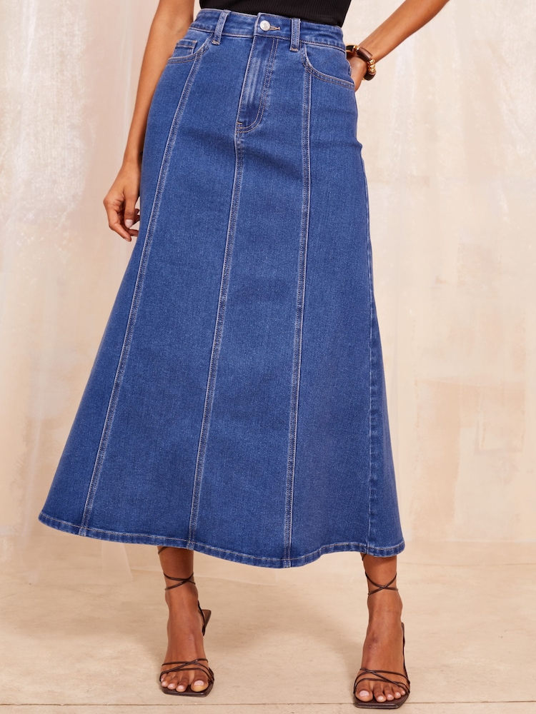 Friends Like These Dark Blue Seam Detail Flared Denim Skirt - Image 1 of 4