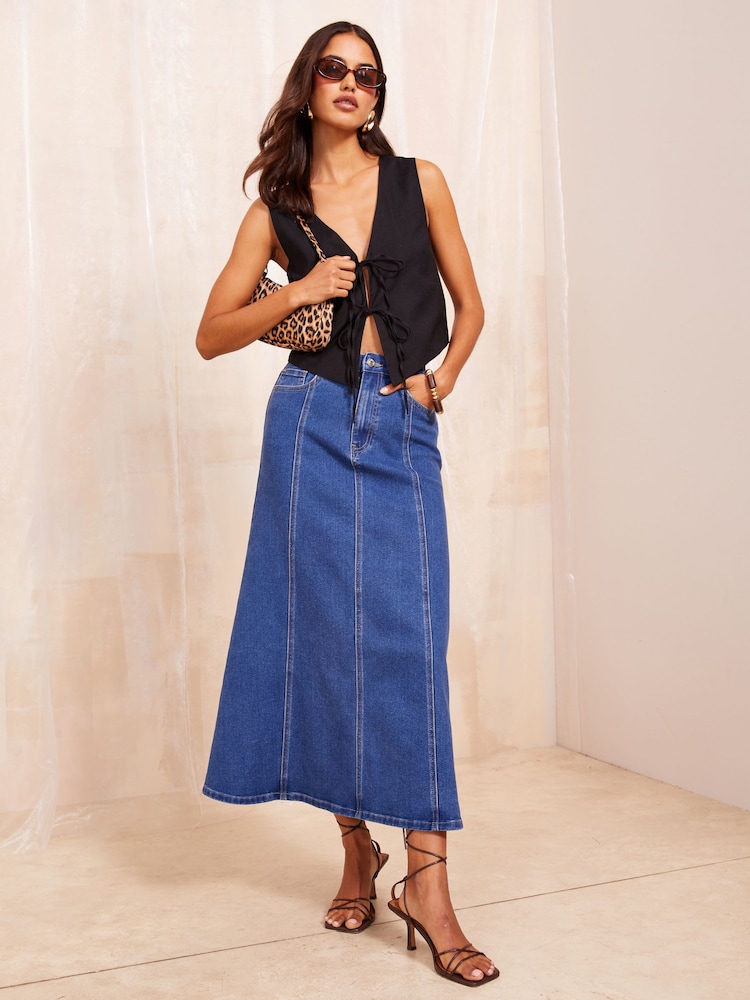 Friends Like These Dark Blue Seam Detail Flared Denim Skirt - Image 2 of 4