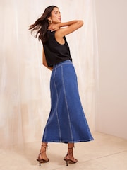 Friends Like These Dark Blue Seam Detail Flared Denim Skirt - Image 3 of 4