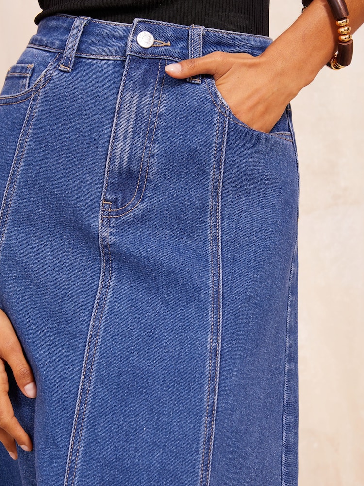 Friends Like These Dark Blue Seam Detail Flared Denim Skirt - Image 4 of 4 Friends Like These Dark Blue Seam Detail Flared Denim Skirt - Image 4 of 4