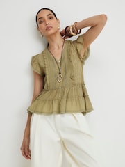 River Island Green Cotton Blend Beaded Ruffle Blouse - Image 1 of 4
