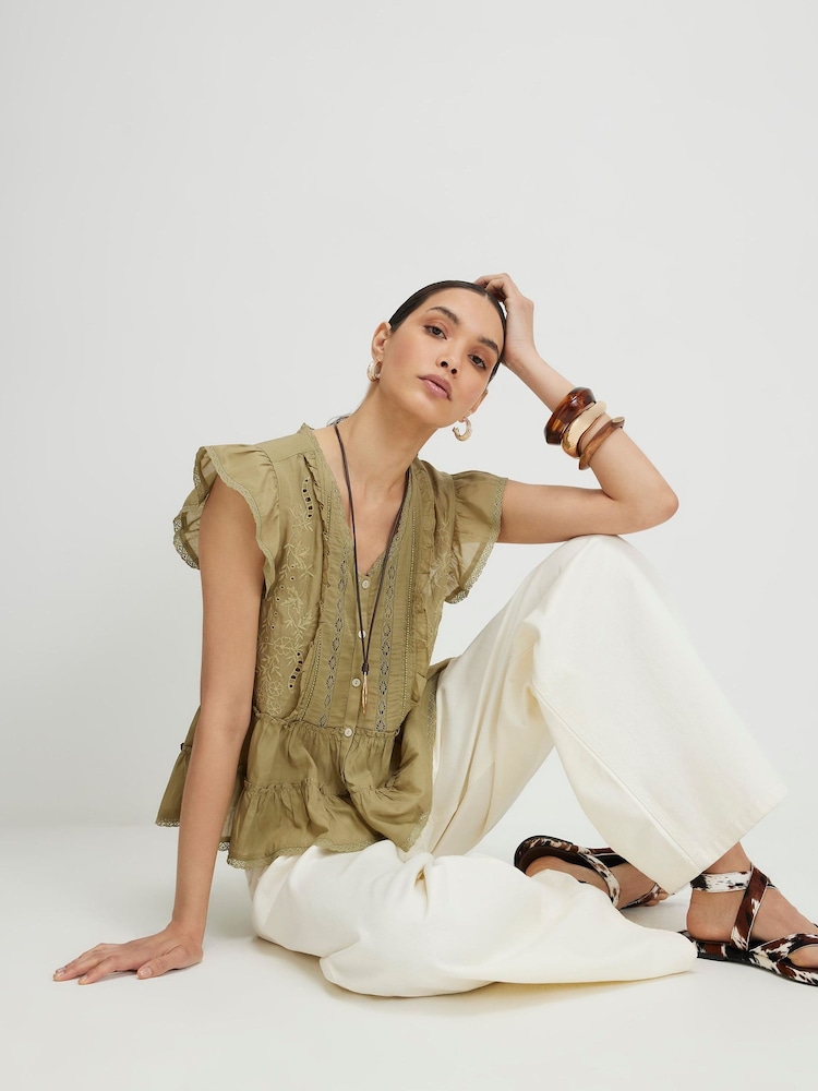 River Island Green Cotton Blend Beaded Ruffle Blouse - Image 2 of 4 River Island Green Cotton Blend Beaded Ruffle Blouse - Image 2 of 4