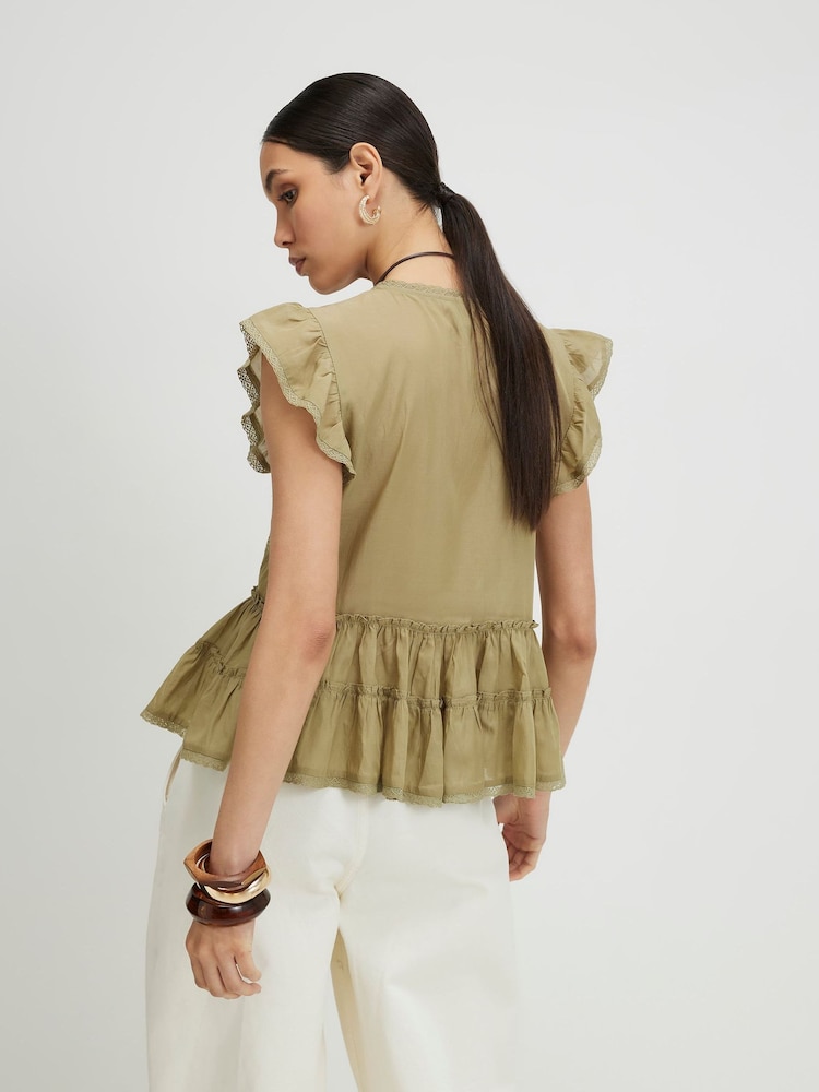 River Island Green Cotton Blend Beaded Ruffle Blouse - Image 4 of 4 River Island Green Cotton Blend Beaded Ruffle Blouse - Image 4 of 4