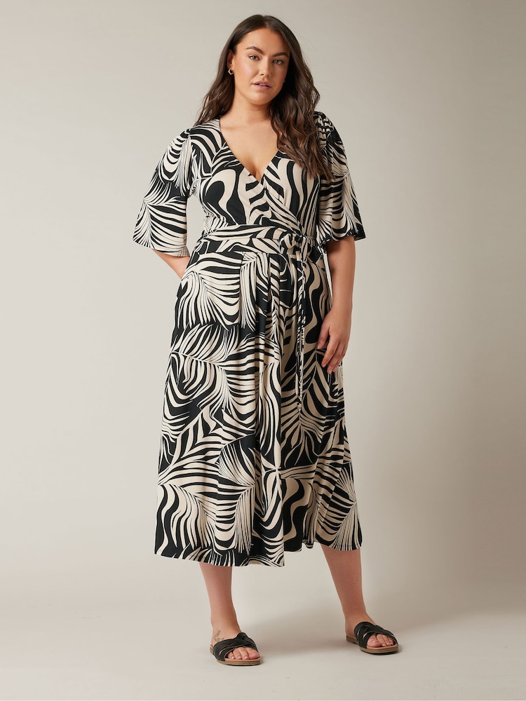 EVANS Curve Black Palm Print Wrap Midi Dress - Image 1 of 5