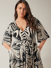 EVANS Curve Black Palm Print Wrap Midi Dress - Image 4 of 5