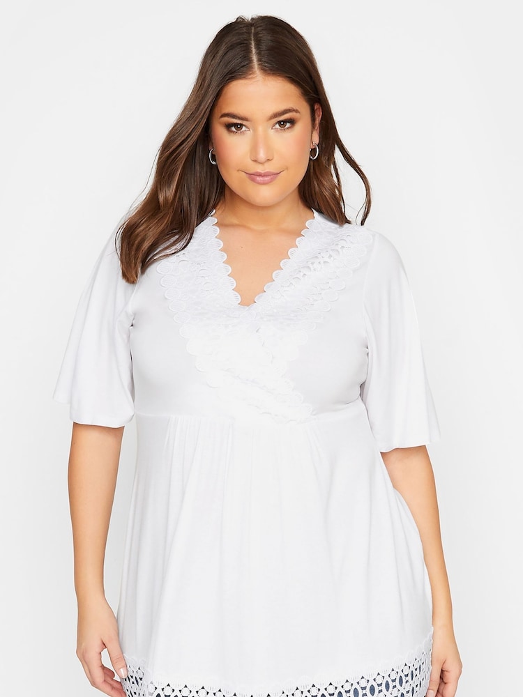 Yours Curve White Short Sleeve Crochet Trim Tunic - Image 1 of 4