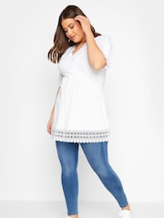 Yours Curve White Short Sleeve Crochet Trim Tunic - Image 2 of 4