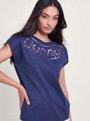 Синий - Monsoon Garcia Cutwork 100% Cotton T-Shirt - Изображение 1 из 4
