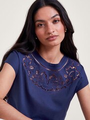Синий - Monsoon Garcia Cutwork 100% Cotton T-Shirt - Изображение 4 из 4