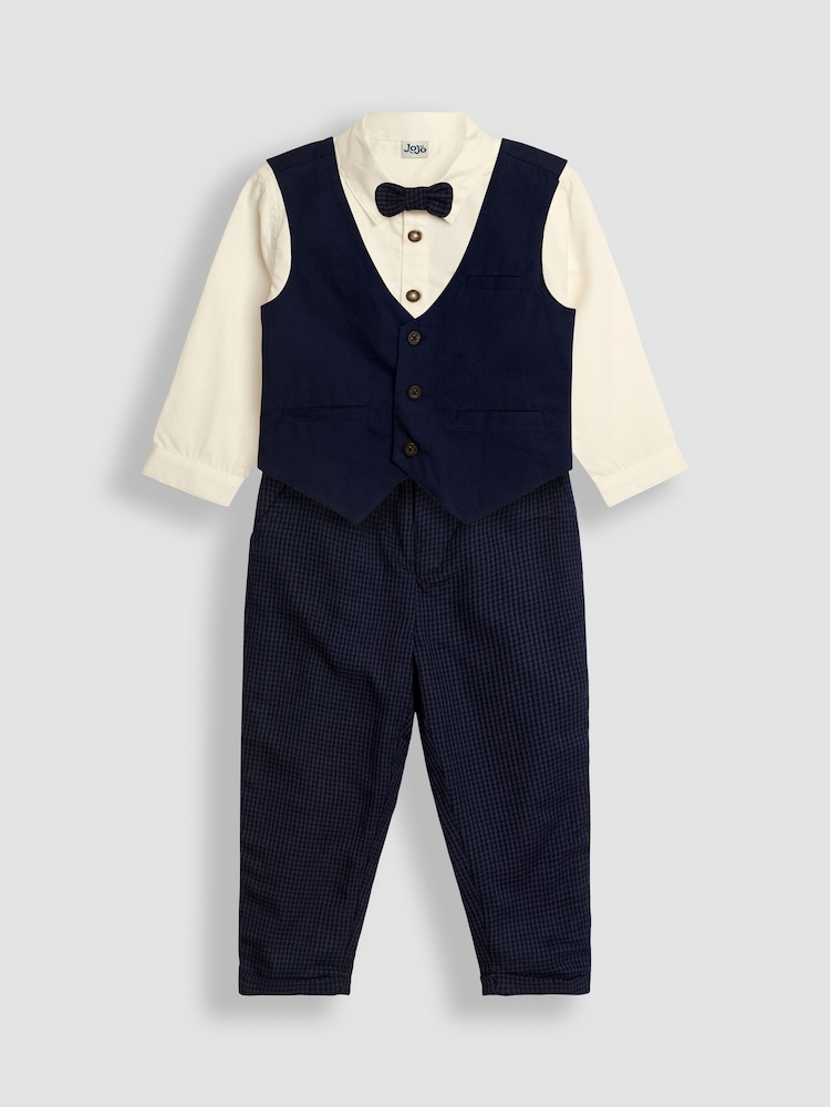 JoJo Maman Bébé Navy Houndstooth Waistcoat Shirt and Trousers Set - Image 1 of 9