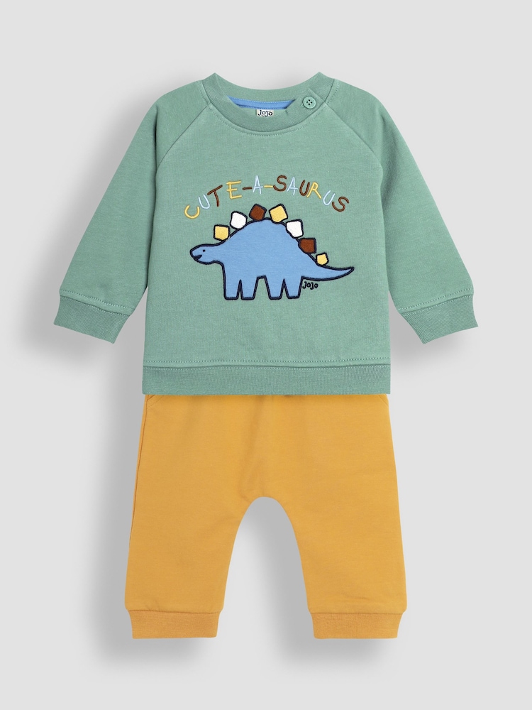 JoJo Maman Bébé Khaki Dinosaur Applique Sweatshirt & Jogger Set - Image 1 of 5