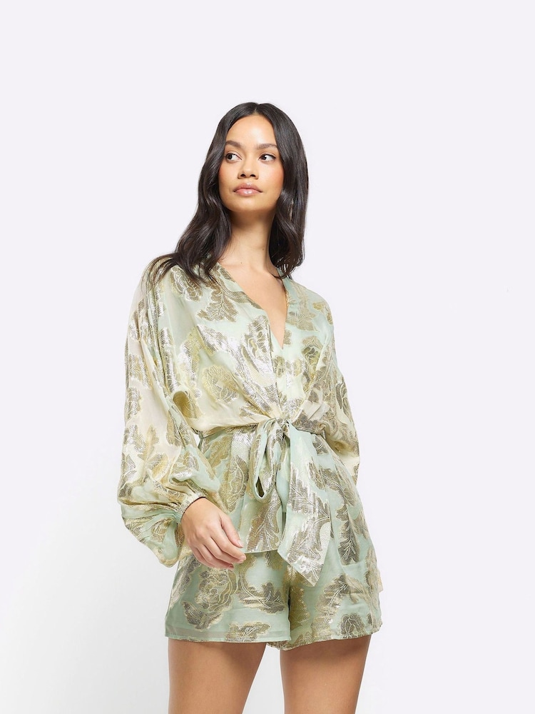 River Island Green Light Tie Ombre Metallic Playsuit - Image 1 of 4
