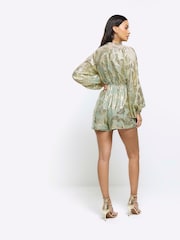 River Island Green Light Tie Ombre Metallic Playsuit - Image 2 of 4