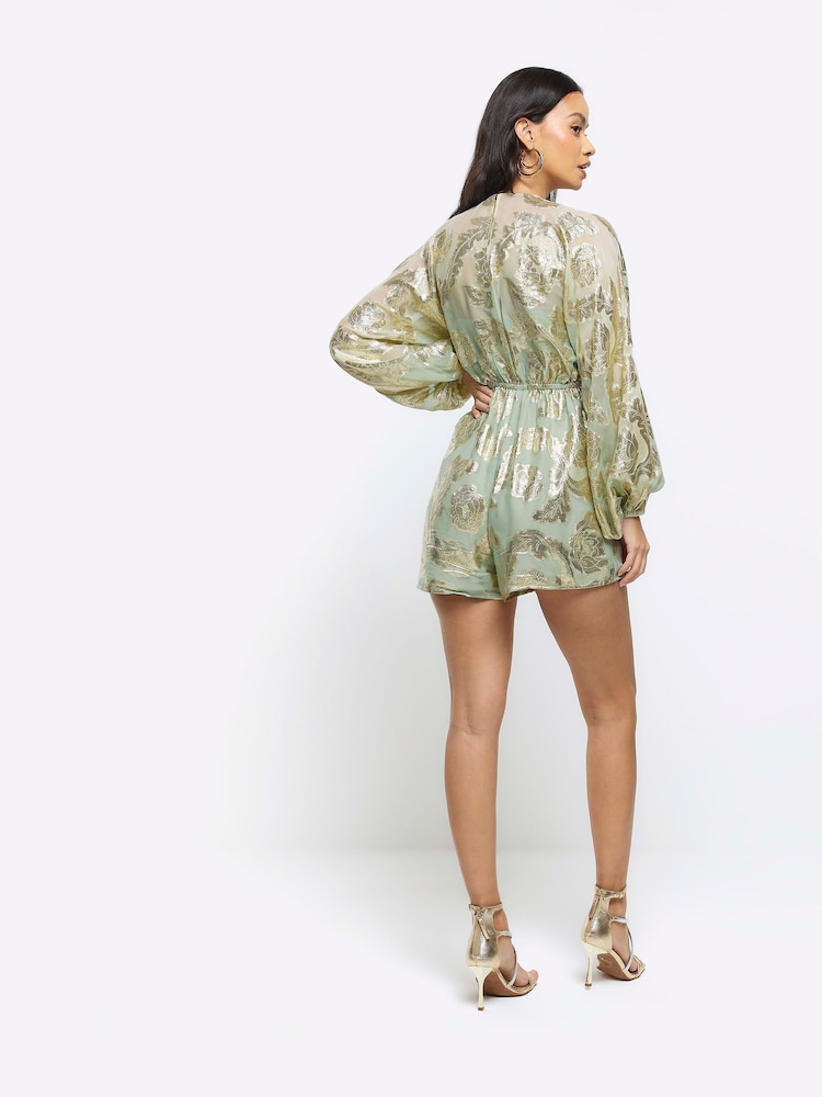 River Island Green Light Tie Ombre Metallic Playsuit - Image 2 of 4 River Island Green Light Tie Ombre Metallic Playsuit - Image 2 of 4