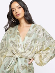 River Island Green Light Tie Ombre Metallic Playsuit - Image 3 of 4