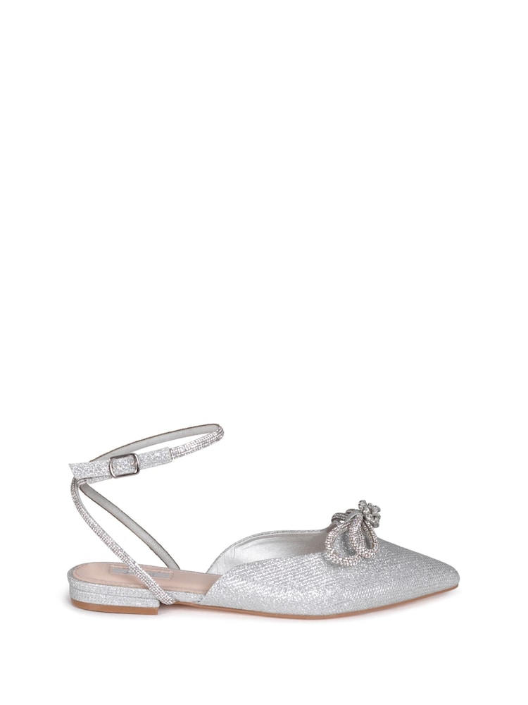 Linzi Silver Mayla Satin Flat Mules With Diamante Bow Detail - Image 2 of 4 Linzi Silver Mayla Satin Flat Mules With Diamante Bow Detail - Image 2 of 4