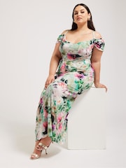 Yours Curve Green London Floral Print Cold Shoulder Dress - Image 1 of 5
