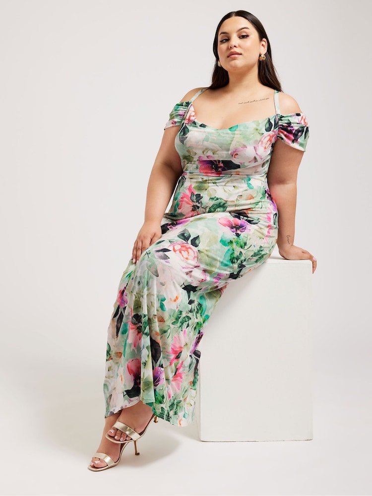 Yours Curve Green London Floral Print Cold Shoulder Dress - Image 1 of 5