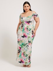 Yours Curve Green London Floral Print Cold Shoulder Dress - Image 2 of 5