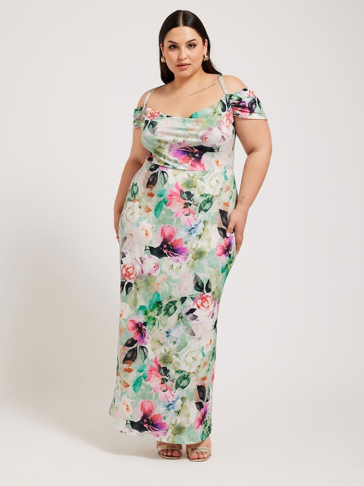 Yours Curve Green London Floral Print Cold Shoulder Dress - Image 2 of 5