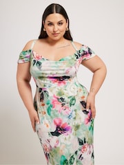 Yours Curve Green London Floral Print Cold Shoulder Dress - Image 4 of 5