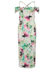 Yours Curve Green London Floral Print Cold Shoulder Dress - Image 5 of 5