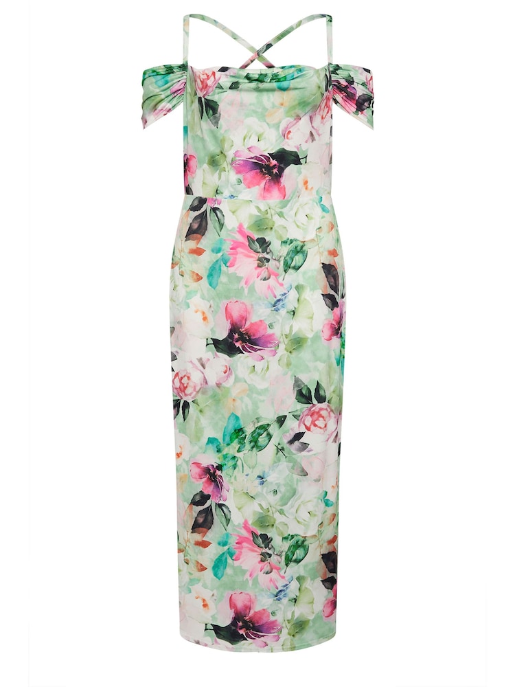 Yours Curve Green London Floral Print Cold Shoulder Dress - Image 5 of 5