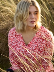 Live Unlimited Red Curve Sprig Print Cotton Slub Relaxed Tunic - Image 1 of 8