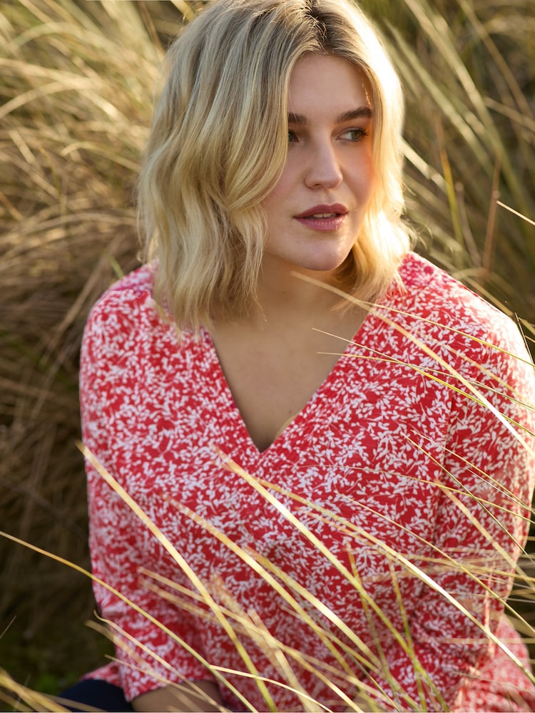 Live Unlimited Red Curve Sprig Print Cotton Slub Relaxed Tunic - Image 1 of 8 Live Unlimited Red Curve Sprig Print Cotton Slub Relaxed Tunic - Image 1 of 8