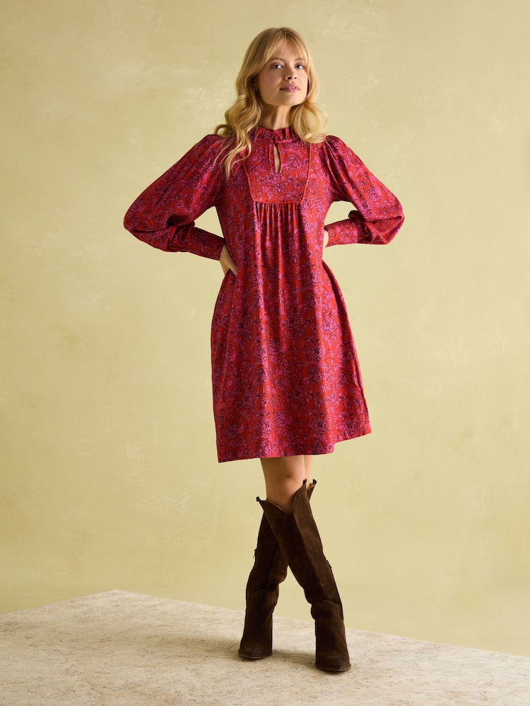 Joules Rosette Red Floral Printed Dress with Pie Crust Neck - Image 1 of 7